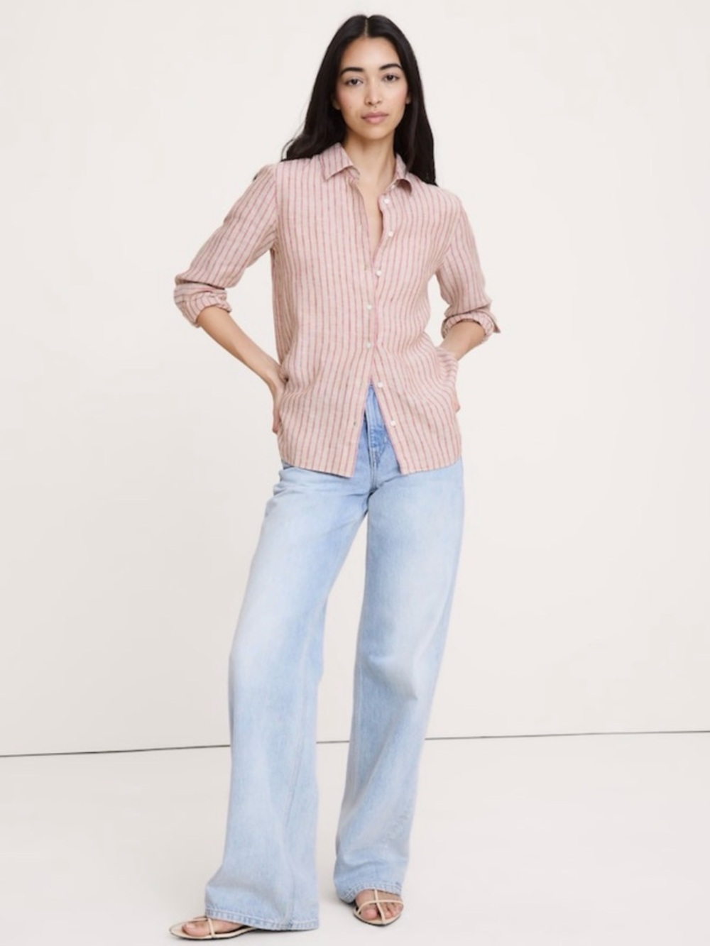 Banana Republic Black and White Striped Linen-Blend Shirt
